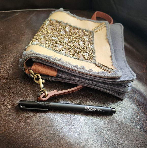 Miss Albright Anthropologie bag denim blue brown leather beading shoulder strap - Picture 2 of 9